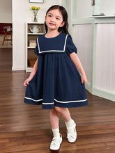 Young Girl Solid Color Adorned Pocket Turn-Down Preppy Dress